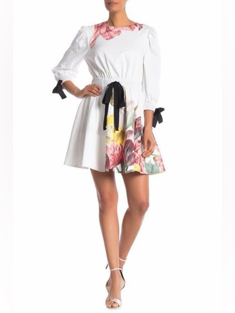 Ted Baker London Cream Dress with Pink Floral Accents and Black Ties